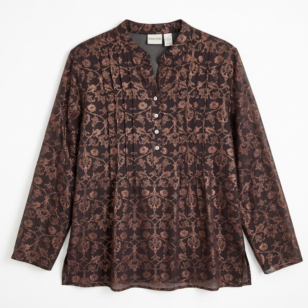Chicos Silk Foil Floral Print Blouse Brown Sheer Paisley Vintage Womens Large 2